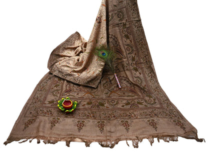 Indian Vintage Beige & Brown Saree 100% Pure Silk Hand Embroidered Kantha Sari Fabric 5Yd Sewing Floral Sequin