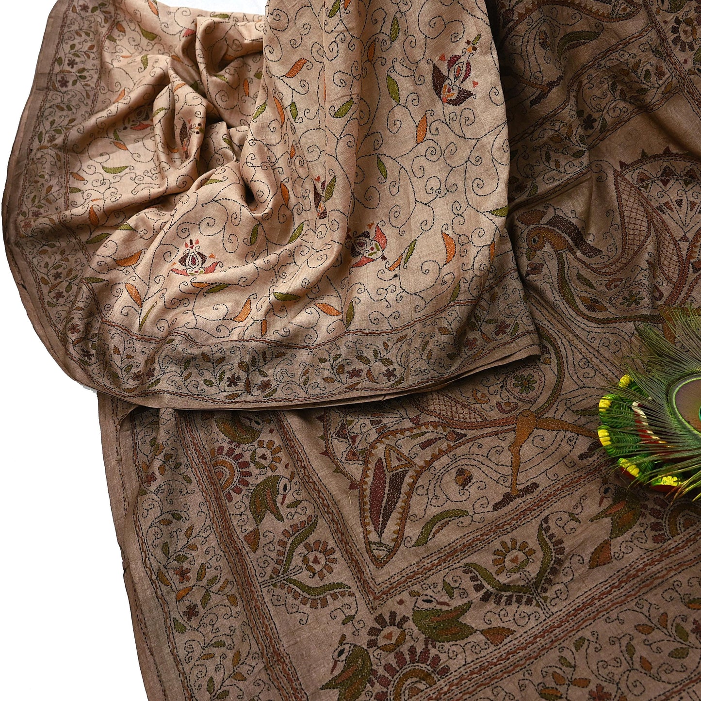 Indian Vintage Beige & Brown Saree 100% Pure Silk Hand Embroidered Kantha Sari Fabric 5Yd Sewing Floral Sequin