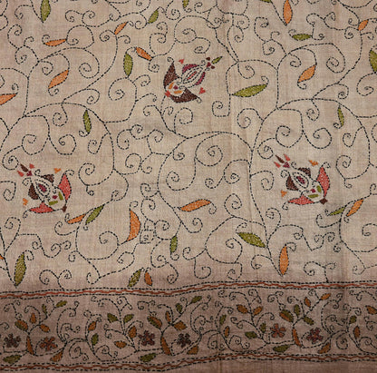 Indian Vintage Beige & Brown Saree 100% Pure Silk Hand Embroidered Kantha Sari Fabric 5Yd Sewing Floral Sequin