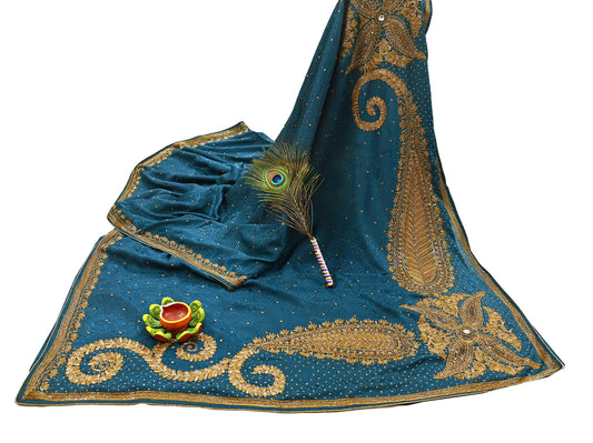 Indian Vintage Heavy Sari Teal Blue Pure Crepe Silk Hand Embroidered Sarees Craft Fabric 5Yd Sewing Zardozi Dress making With Blouse Pcs