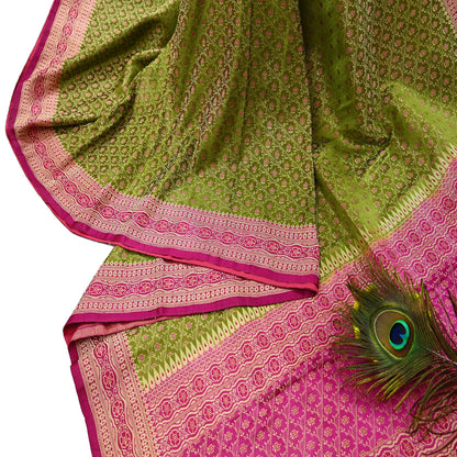 Indian Vintage Sari Purple & Green Heavy Pure Satin Silk Woven Banarasi Tanchoi Saree 5Yd Ethnic Craft Fabric Upcycle Bridal Heavy Sarees
