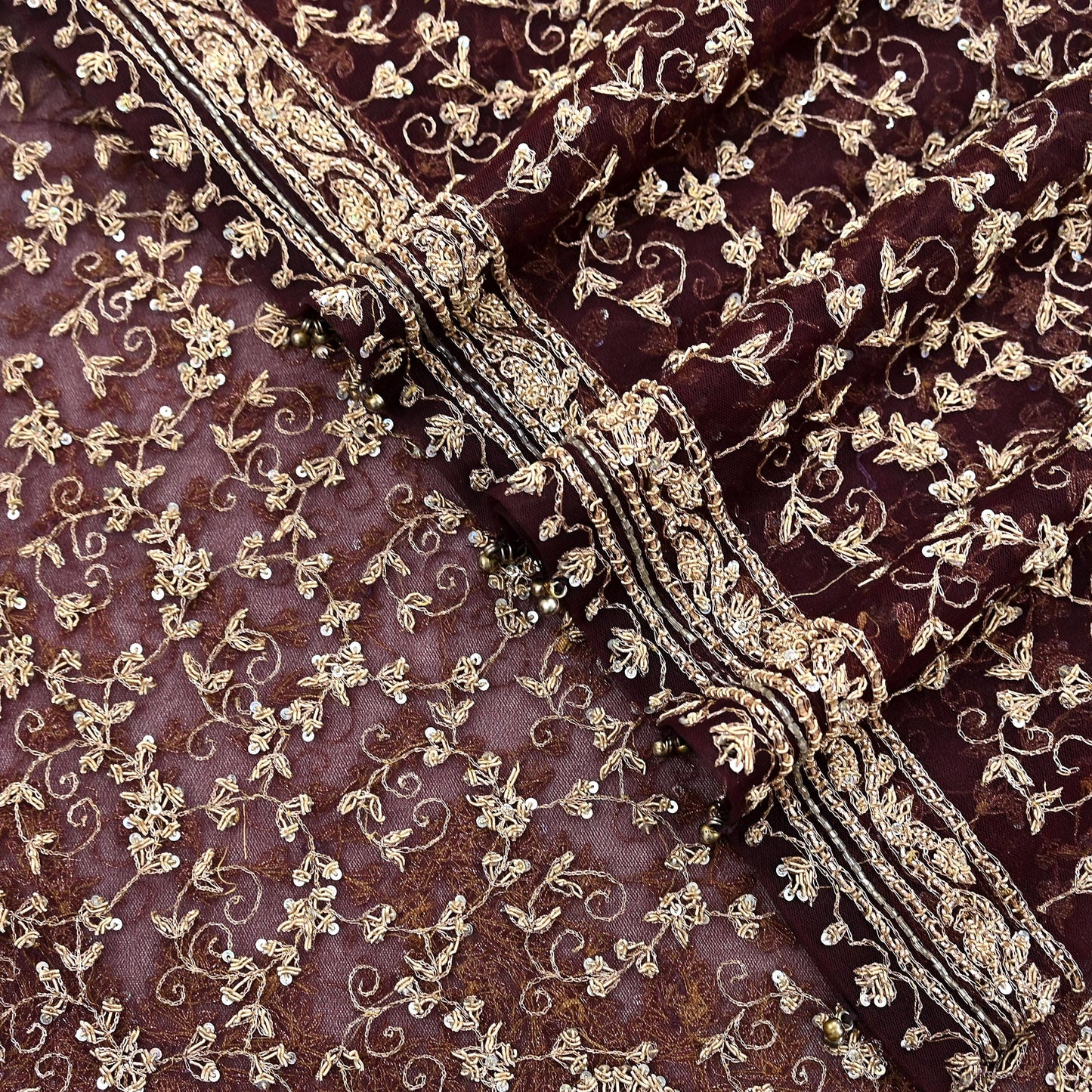 Indian Vintage Heavy Dark Maroon Dupatta Net Mesh Long Stole Hand Embroidered Scarf Zardozi Zari Sequins Stole Bridal Veil