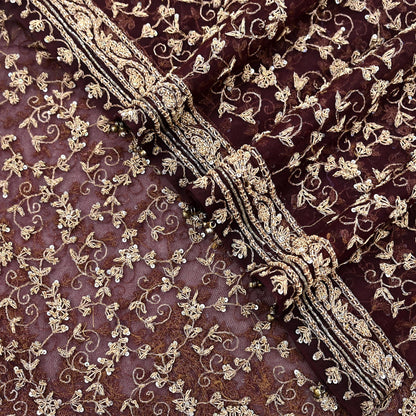 Indian Vintage Heavy Dark Maroon Dupatta Net Mesh Long Stole Hand Embroidered Scarf Zardozi Zari Sequins Stole Bridal Veil