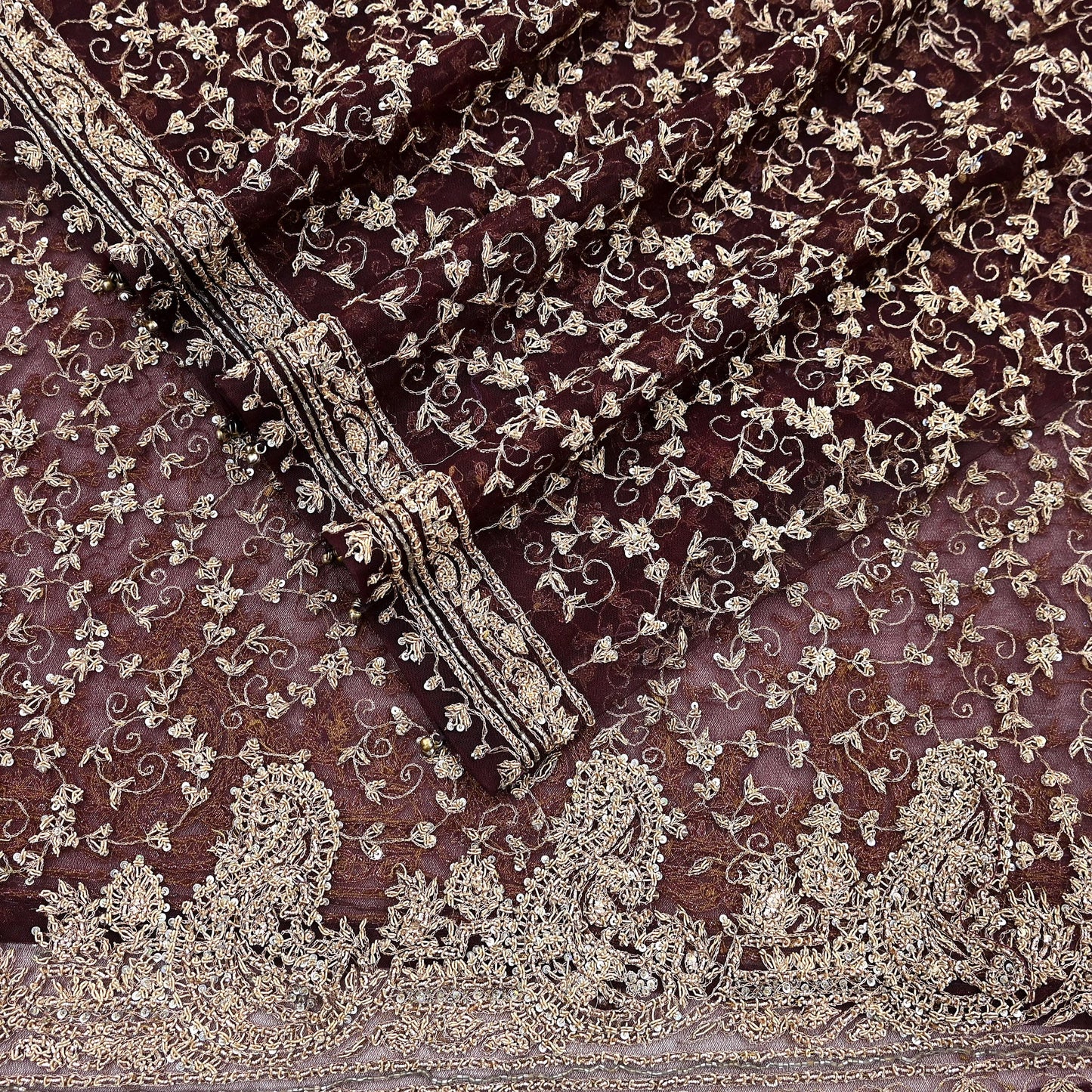 Indian Vintage Heavy Dark Maroon Dupatta Net Mesh Long Stole Hand Embroidered Scarf Zardozi Zari Sequins Stole Bridal Veil