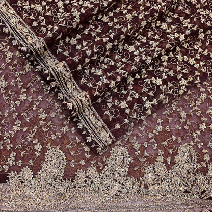 Indian Vintage Heavy Dark Maroon Dupatta Net Mesh Long Stole Hand Embroidered Scarf Zardozi Zari Sequins Stole Bridal Veil