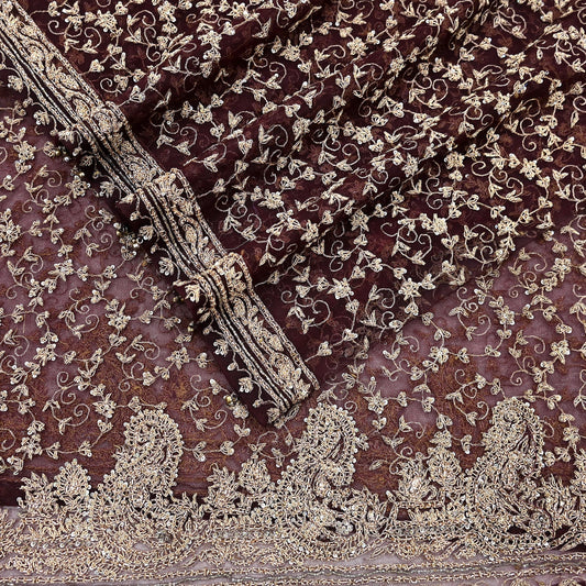 Indian Vintage Heavy Dark Maroon Dupatta Net Mesh Long Stole Hand Embroidered Scarf Zardozi Zari Sequins Stole Bridal Veil