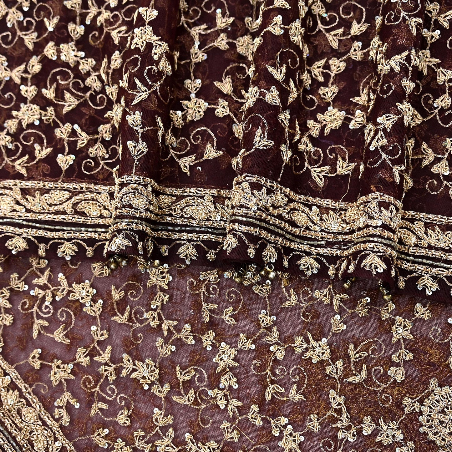 Indian Vintage Heavy Dark Maroon Dupatta Net Mesh Long Stole Hand Embroidered Scarf Zardozi Zari Sequins Stole Bridal Veil