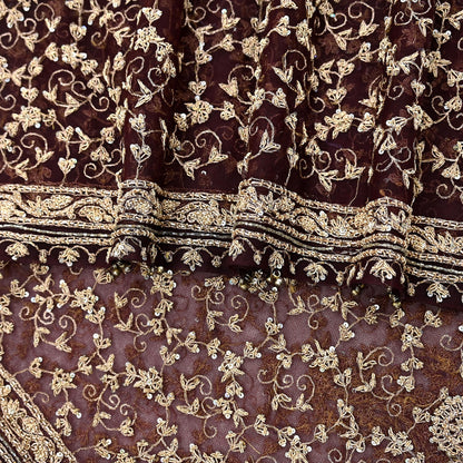 Indian Vintage Heavy Dark Maroon Dupatta Net Mesh Long Stole Hand Embroidered Scarf Zardozi Zari Sequins Stole Bridal Veil