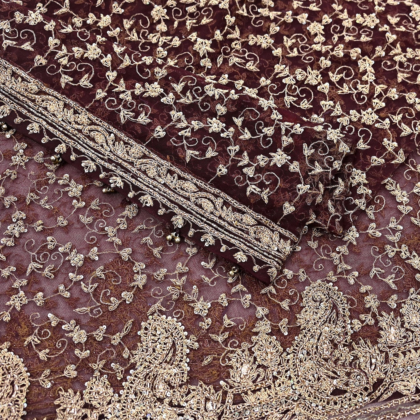 Indian Vintage Heavy Dark Maroon Dupatta Net Mesh Long Stole Hand Embroidered Scarf Zardozi Zari Sequins Stole Bridal Veil