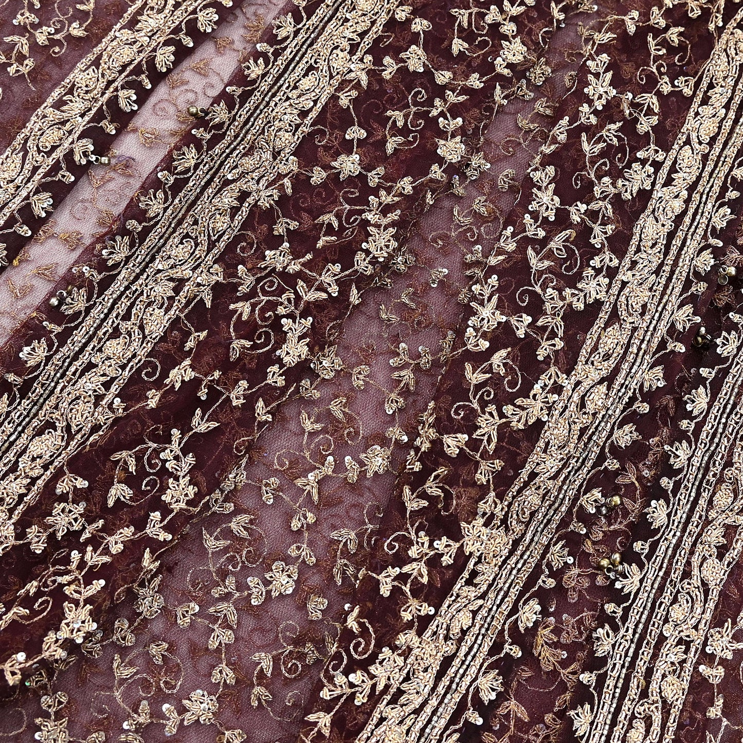 Indian Vintage Heavy Dark Maroon Dupatta Net Mesh Long Stole Hand Embroidered Scarf Zardozi Zari Sequins Stole Bridal Veil