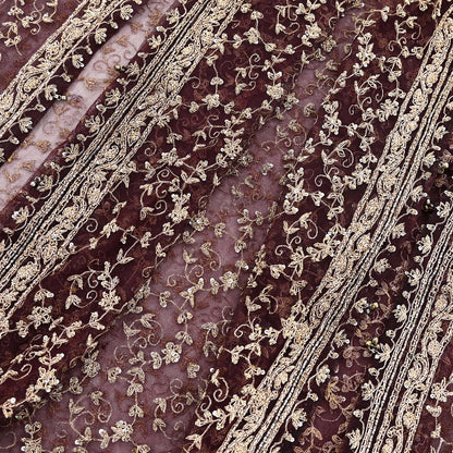 Indian Vintage Heavy Dark Maroon Dupatta Net Mesh Long Stole Hand Embroidered Scarf Zardozi Zari Sequins Stole Bridal Veil