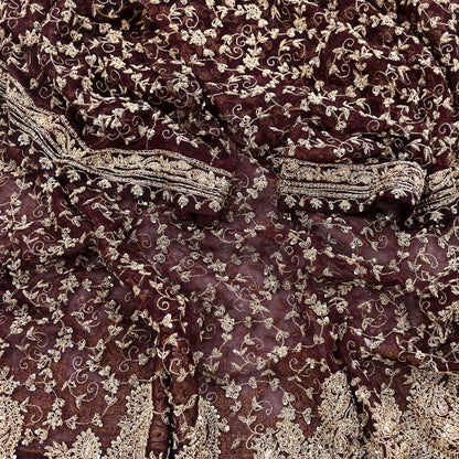 Indian Vintage Heavy Dark Maroon Dupatta Net Mesh Long Stole Hand Embroidered Scarf Zardozi Zari Sequins Stole Bridal Veil