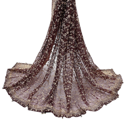 Indian Vintage Heavy Dark Maroon Dupatta Net Mesh Long Stole Hand Embroidered Scarf Zardozi Zari Sequins Stole Bridal Veil