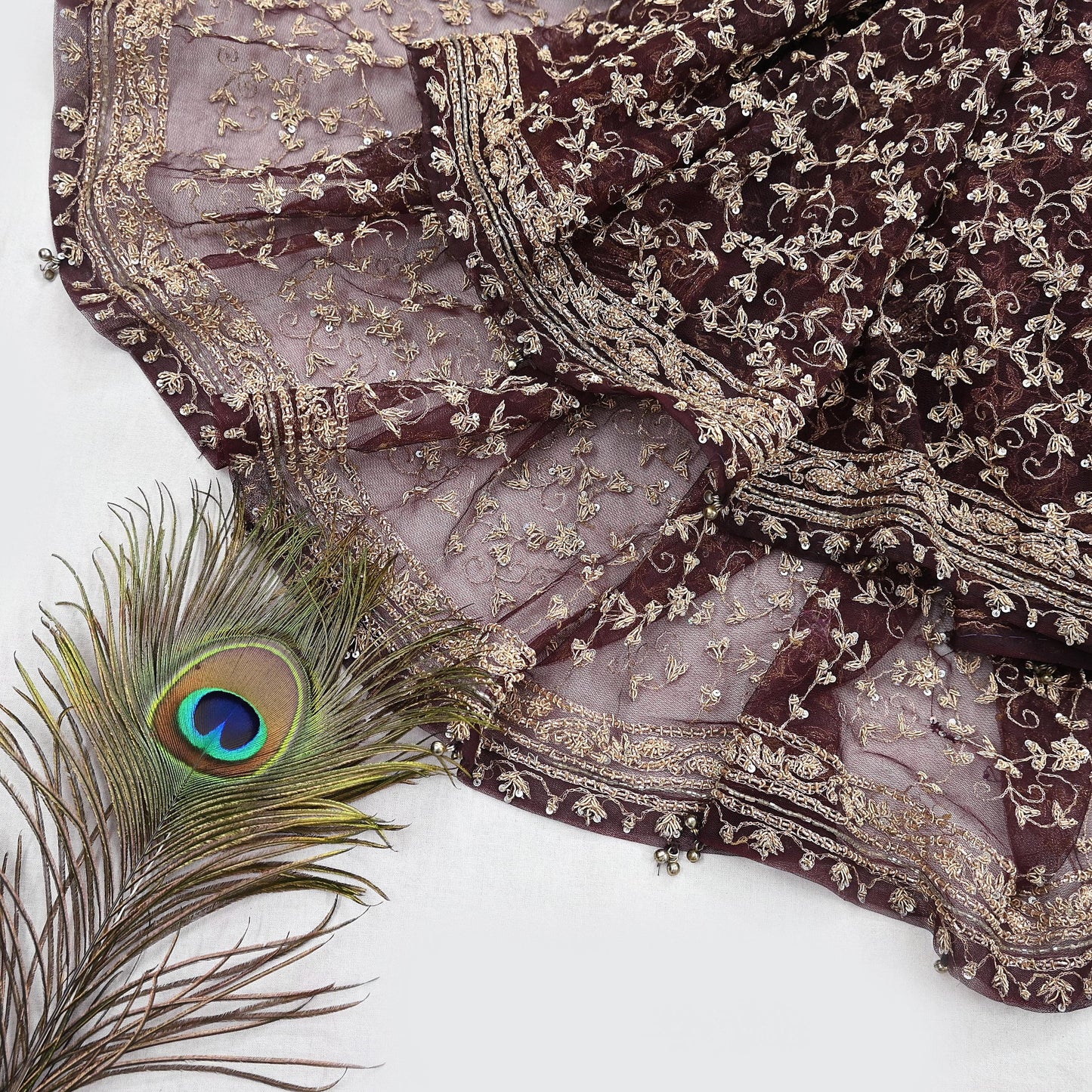 Indian Vintage Heavy Dark Maroon Dupatta Net Mesh Long Stole Hand Embroidered Scarf Zardozi Zari Sequins Stole Bridal Veil