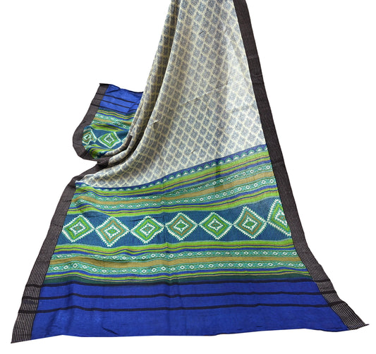 Vintage Blue & ivory Stole Pure Wool Printed Dupatta Scarf Shawl Wrap Floral Long Winter Scarf for Women, Hijab, Christmas Gift