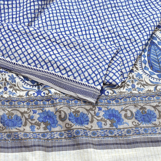 Indian Vintage Ivory & Blue Dupatta Long Stole Block Print Pure Cotton Silk Scarves Veil Soft Floral Design