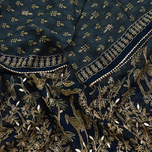 Indian Vintage Dupatta Blue Long Stole Embroidered Digital Printed Georgette Scarves Veil Wrap Soft Floral