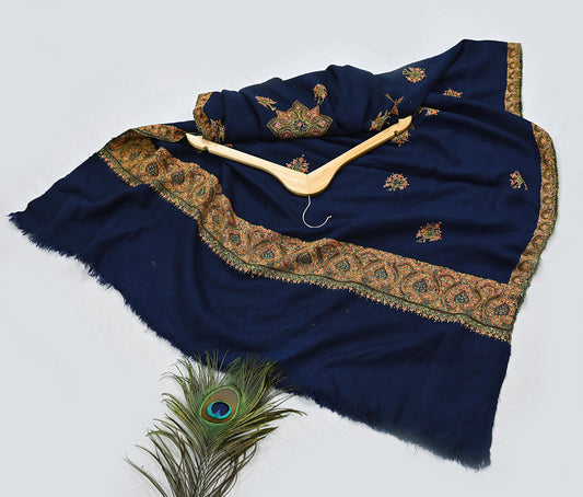 Indian Vintage Blue Shawl Pure Woolen Handmade Suzani Long Throw Stole Warm Design Soft Soft Cozy