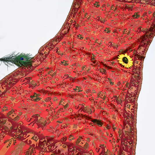 Vintage Red woolen Shawl Handmade Woven Long Throw Stole Warm Animals Floral Design Fringes