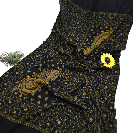 Indian Vintage Black Shawl Pure Woolen Handmade Suzani Long Throw Stole Warm Floral Design Soft Cozy