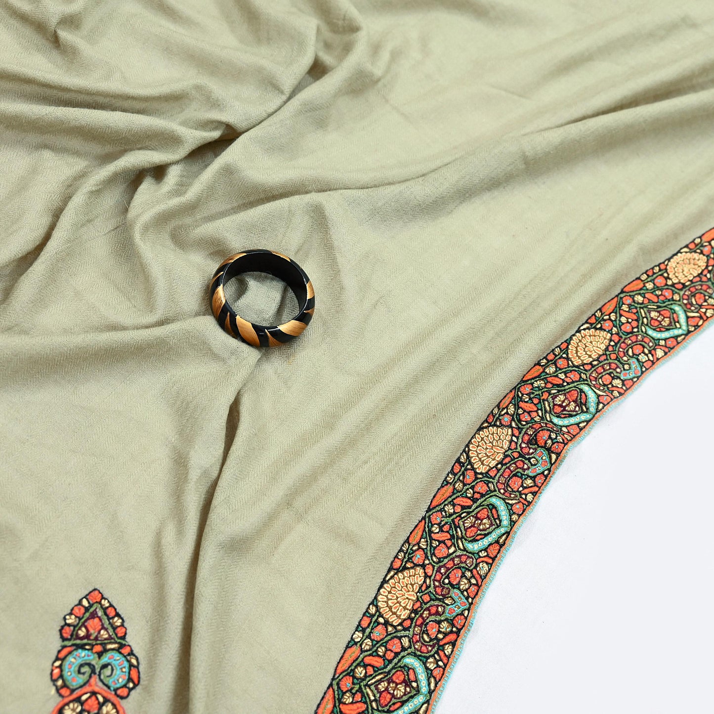 Indian Vintage Green Shawl Pure Pushmina Handmade Suzani Long Throw Stole Warm Paisley Design Soft Cozy