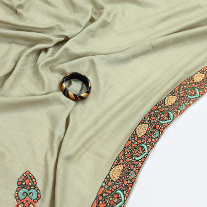 Indian Vintage Green Shawl Pure Pushmina Handmade Suzani Long Throw Stole Warm Paisley Design Soft Cozy