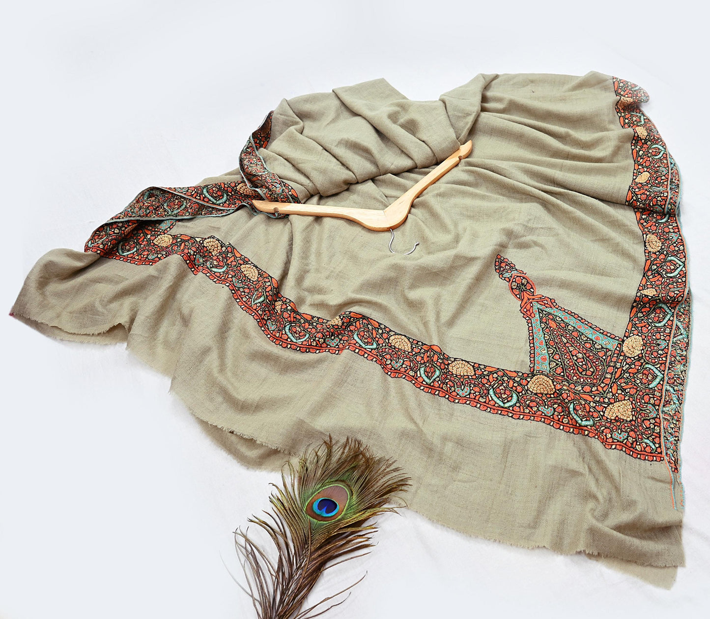 Indian Vintage Green Shawl Pure Pushmina Handmade Suzani Long Throw Stole Warm Paisley Design Soft Cozy