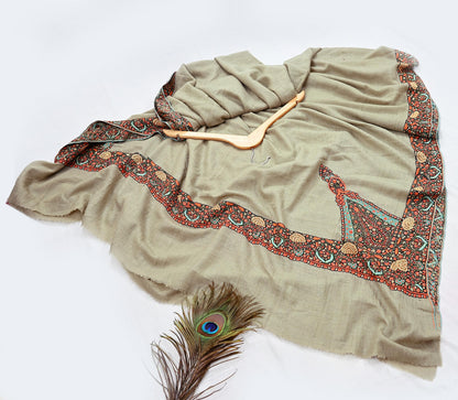 Indian Vintage Green Shawl Pure Pushmina Handmade Suzani Long Throw Stole Warm Paisley Design Soft Cozy
