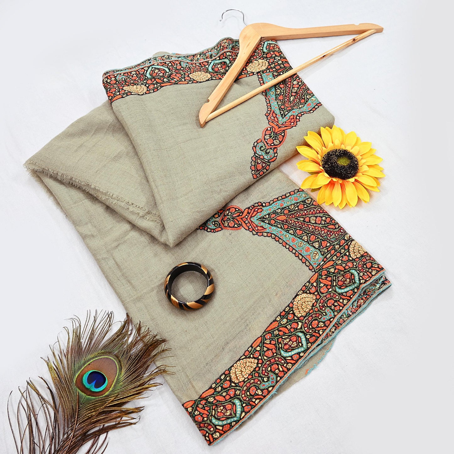 Indian Vintage Green Shawl Pure Pushmina Handmade Suzani Long Throw Stole Warm Paisley Design Soft Cozy