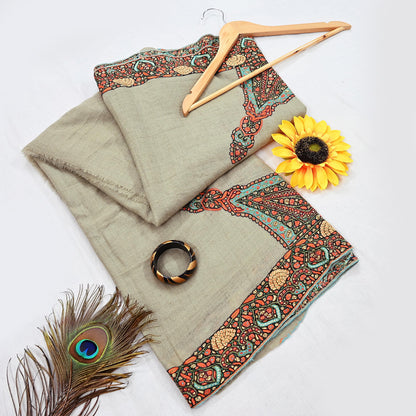 Indian Vintage Green Shawl Pure Pushmina Handmade Suzani Long Throw Stole Warm Paisley Design Soft Cozy
