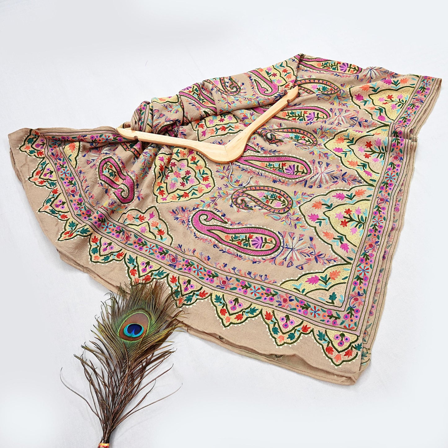 Vintage Kashmiri Aari Embroidery Shawl Brown Pure Wool Wrap Handcrafted Chain Stitch Kashida Stole Christmas Gift for Her