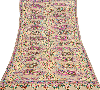 Vintage Kashmiri Aari Embroidery Shawl Brown Pure Wool Wrap Handcrafted Chain Stitch Kashida Stole Christmas Gift for Her