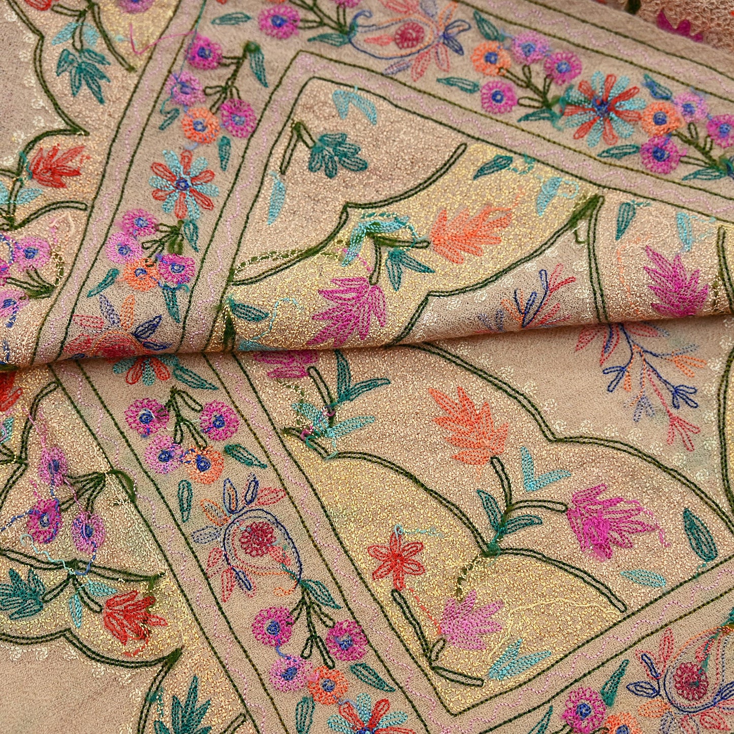 Vintage Kashmiri Aari Embroidery Shawl Brown Pure Wool Wrap Handcrafted Chain Stitch Kashida Stole Christmas Gift for Her
