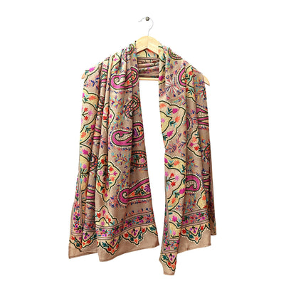 Vintage Kashmiri Aari Embroidery Shawl Brown Pure Wool Wrap Handcrafted Chain Stitch Kashida Stole Christmas Gift for Her