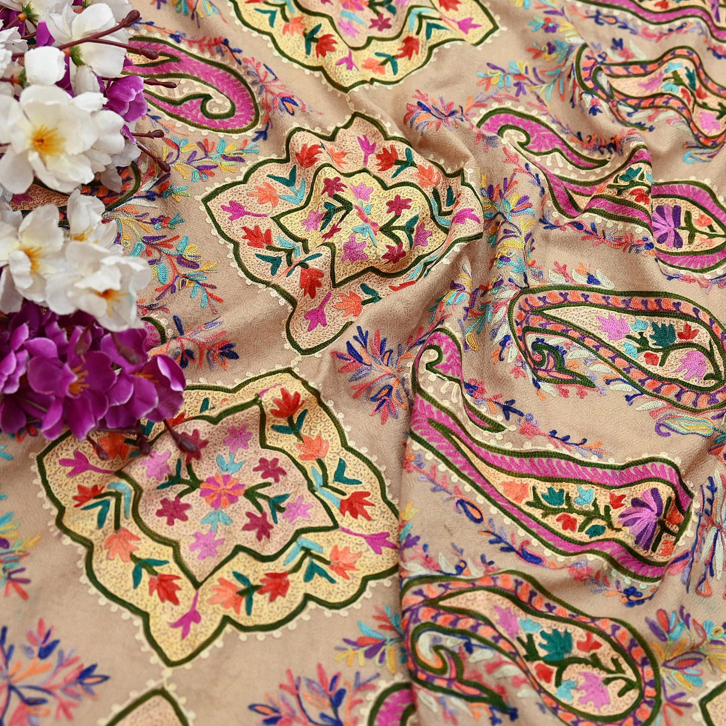 Vintage Kashmiri Aari Embroidery Shawl Brown Pure Wool Wrap Handcrafted Chain Stitch Kashida Stole Christmas Gift for Her