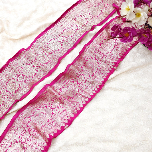 Indian Vintage Rani Pink Banarasi Silk Sari Border Trim 1yd Pure Zari Woven Ribbon Lace Recycled Saree Craft Fabric for Sewing Home Decor