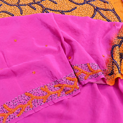 Indian Vintage Heavy Sari Pink & Saffron Saree Pure Crepe Silk Hand Embroidered Sarees Craft Fabric 5yd