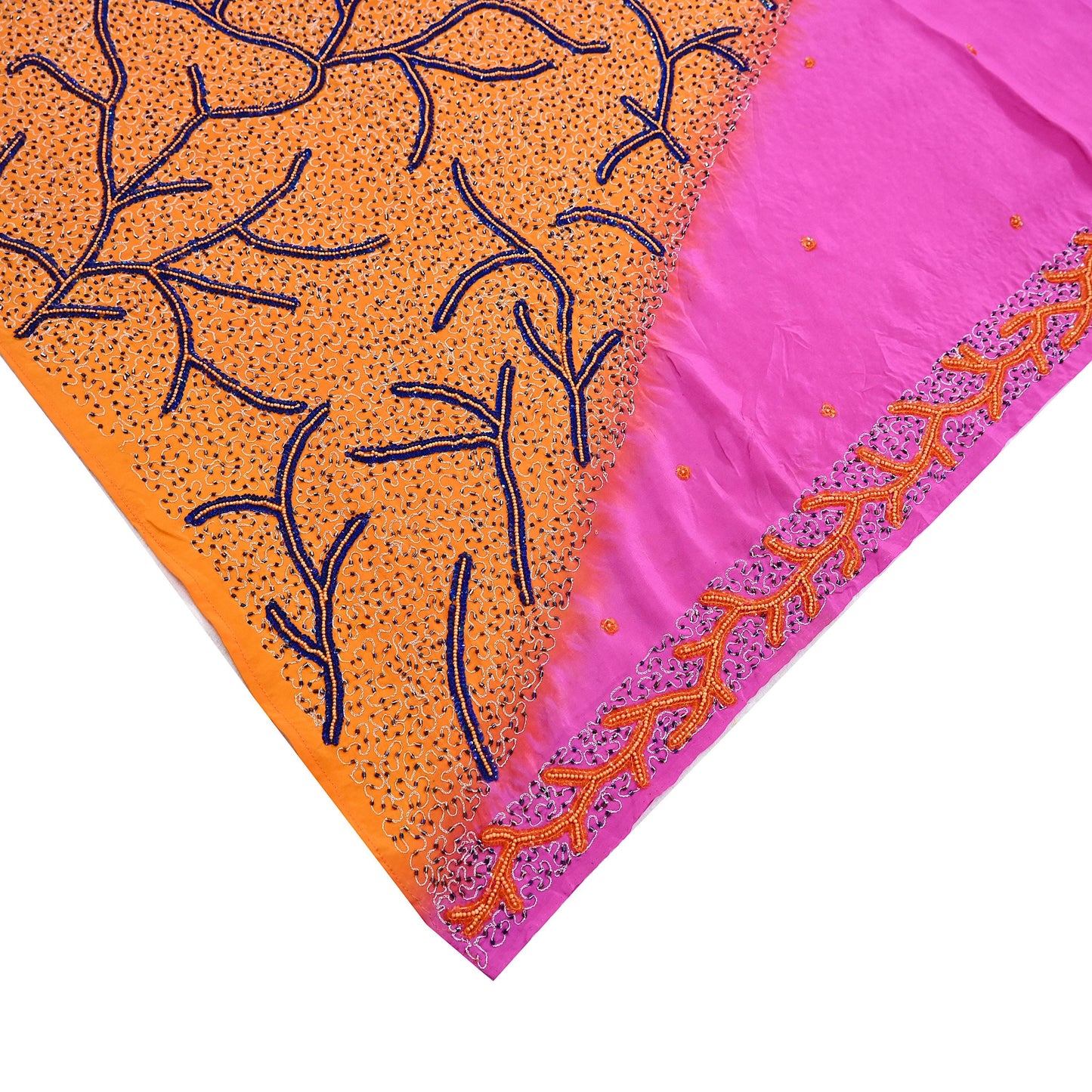 Indian Vintage Heavy Sari Pink & Saffron Saree Pure Crepe Silk Hand Embroidered Sarees Craft Fabric 5yd