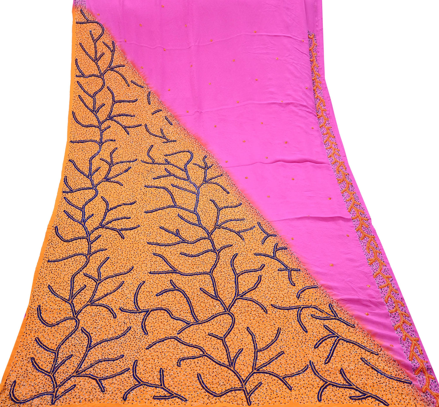 Indian Vintage Heavy Sari Pink & Saffron Saree Pure Crepe Silk Hand Embroidered Sarees Craft Fabric 5yd
