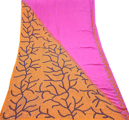 Indian Vintage Heavy Sari Pink & Saffron Saree Pure Crepe Silk Hand Embroidered Sarees Craft Fabric 5yd