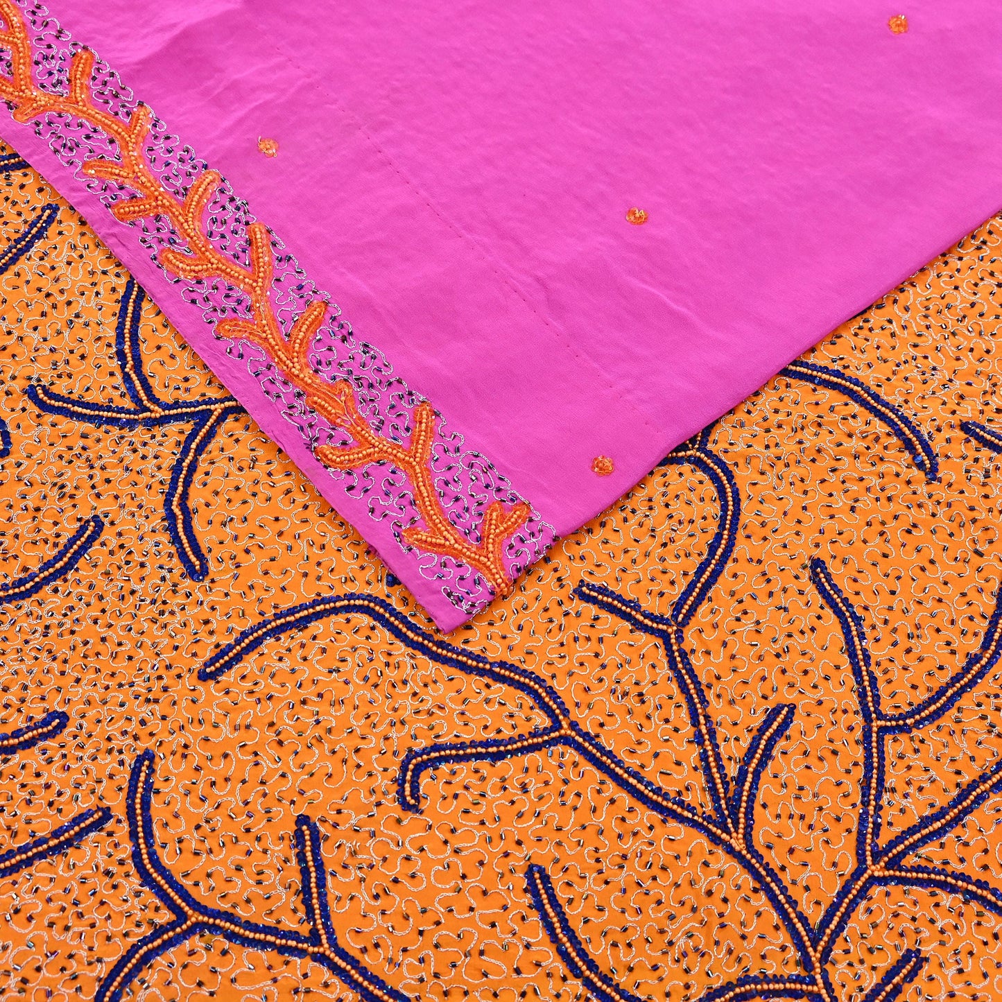Indian Vintage Heavy Sari Pink & Saffron Saree Pure Crepe Silk Hand Embroidered Sarees Craft Fabric 5yd