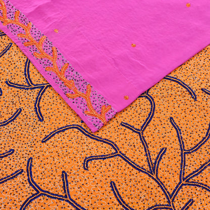 Indian Vintage Heavy Sari Pink & Saffron Saree Pure Crepe Silk Hand Embroidered Sarees Craft Fabric 5yd