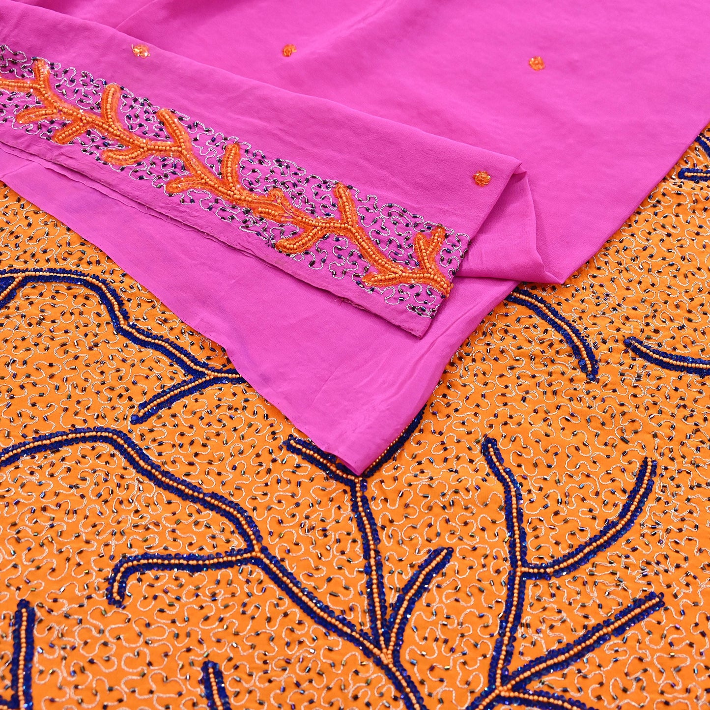 Indian Vintage Heavy Sari Pink & Saffron Saree Pure Crepe Silk Hand Embroidered Sarees Craft Fabric 5yd