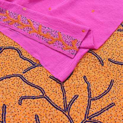 Indian Vintage Heavy Sari Pink & Saffron Saree Pure Crepe Silk Hand Embroidered Sarees Craft Fabric 5yd