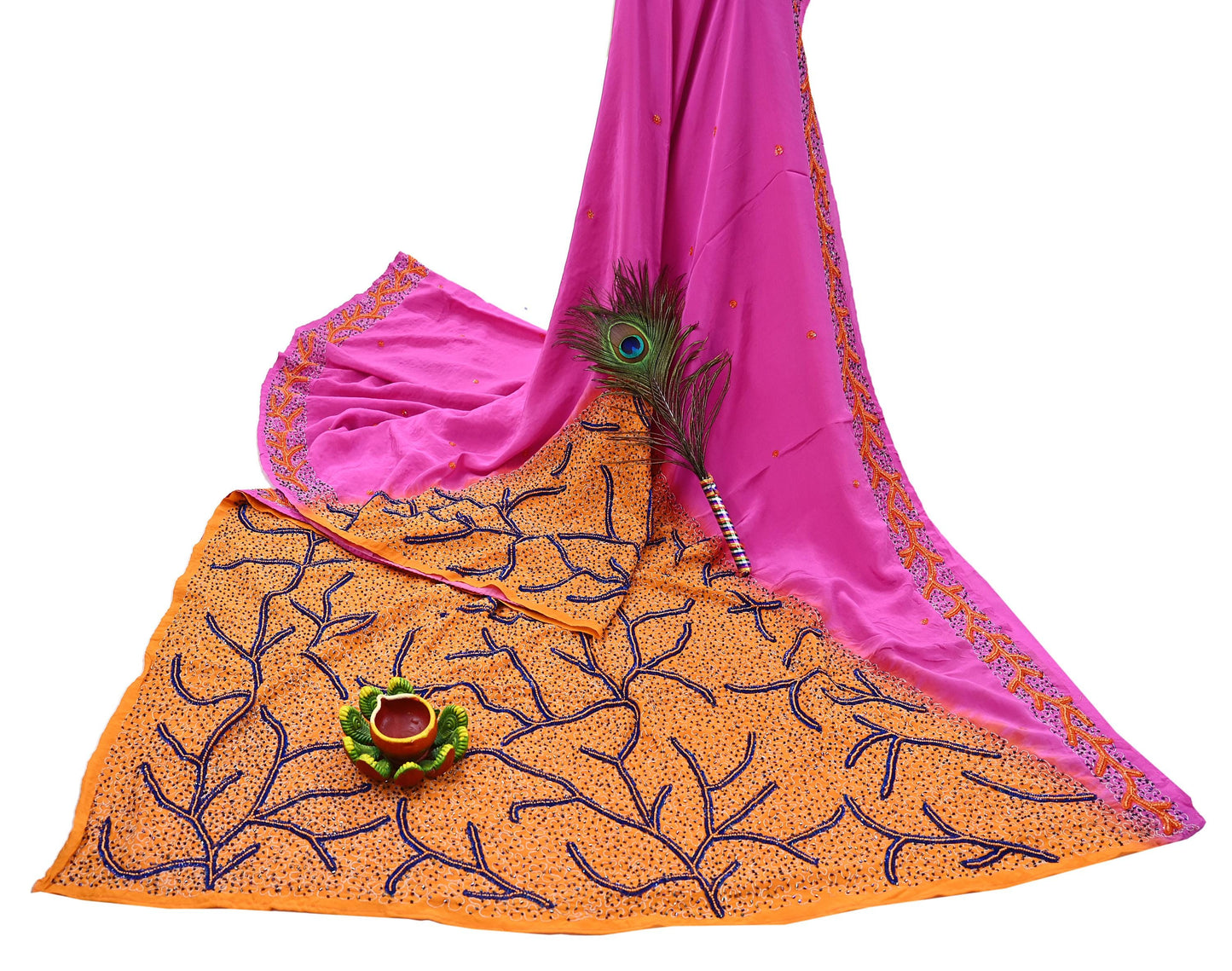 Indian Vintage Heavy Sari Pink & Saffron Saree Pure Crepe Silk Hand Embroidered Sarees Craft Fabric 5yd