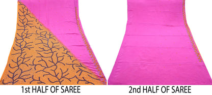 Indian Vintage Heavy Sari Pink & Saffron Saree Pure Crepe Silk Hand Embroidered Sarees Craft Fabric 5yd