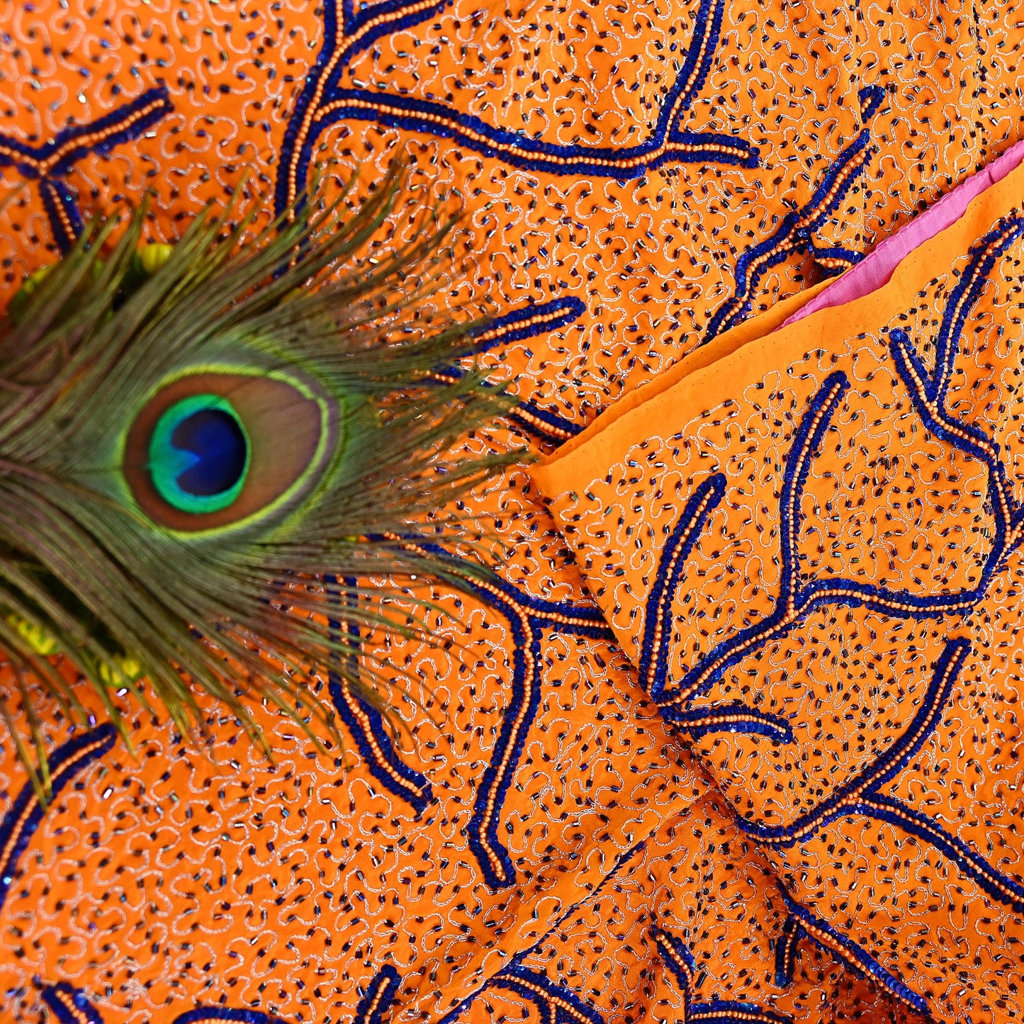 Indian Vintage Heavy Sari Pink & Saffron Saree Pure Crepe Silk Hand Embroidered Sarees Craft Fabric 5yd