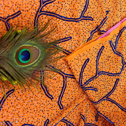 Indian Vintage Heavy Sari Pink & Saffron Saree Pure Crepe Silk Hand Embroidered Sarees Craft Fabric 5yd