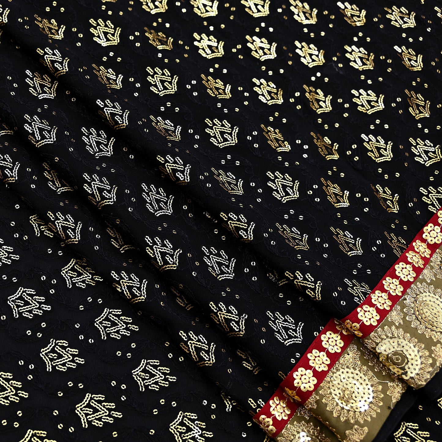 Indian Vintage Heavy Sari Black Pure Georgette Silk Hand Beaded Sarees Craft Fabric 5Yd Soft Ethnic Wedding Sarees