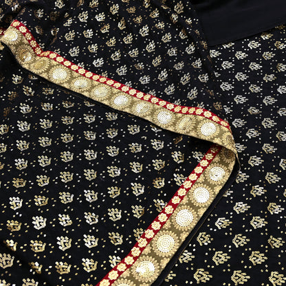 Indian Vintage Heavy Sari Black Pure Georgette Silk Hand Beaded Sarees Craft Fabric 5Yd Soft Ethnic Wedding Sarees